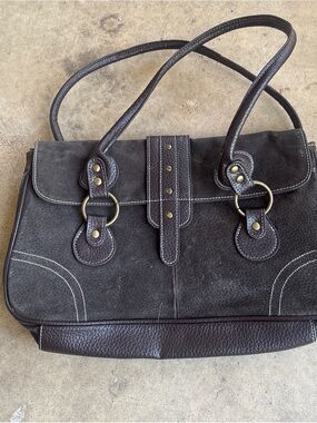 Dark Brown Suede & Leather Shoulder Bag with Brass Accents